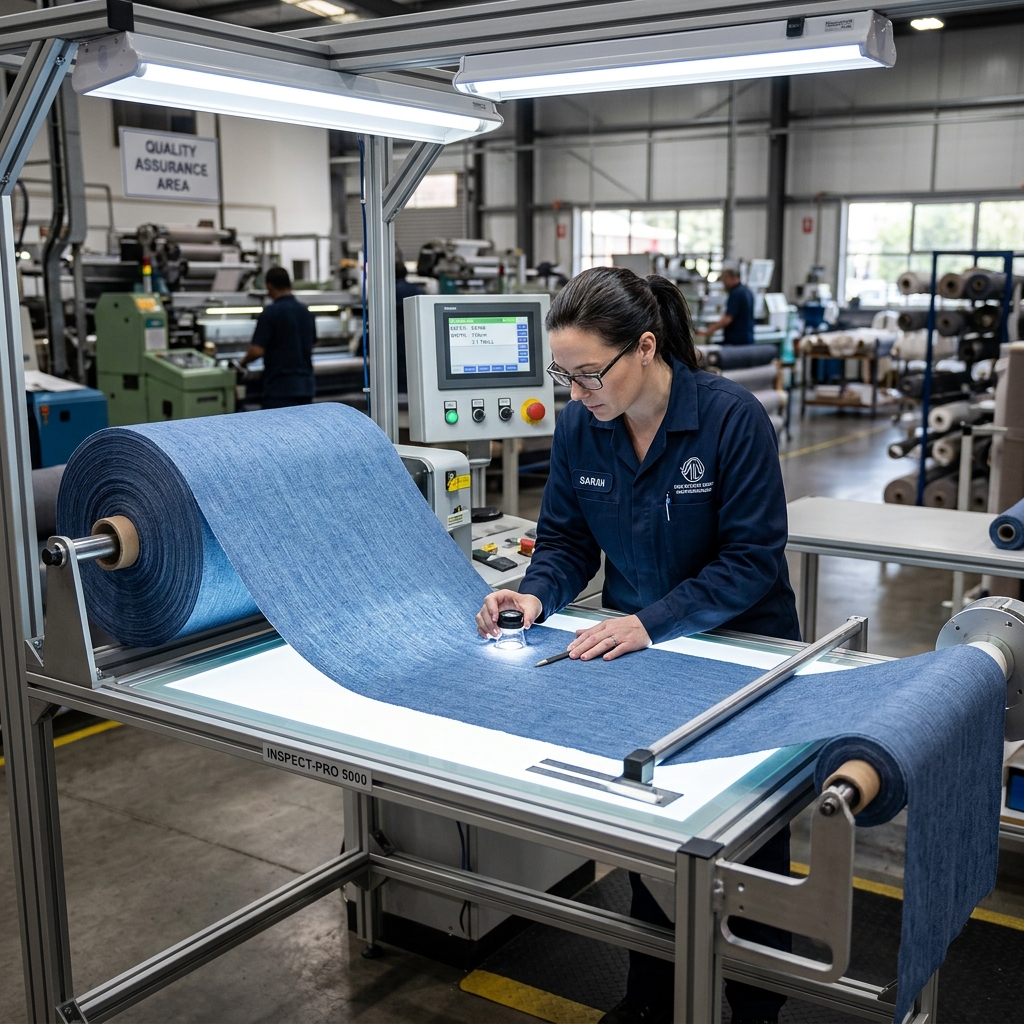 Inspection table in textile mill checking fabric defect specs