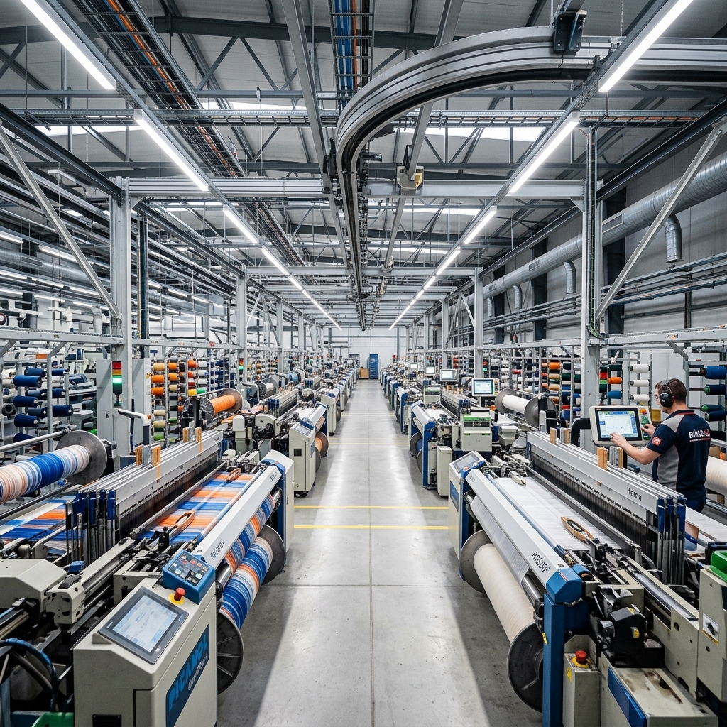 High speed industrial textile mill weaving shed with airjet looms
